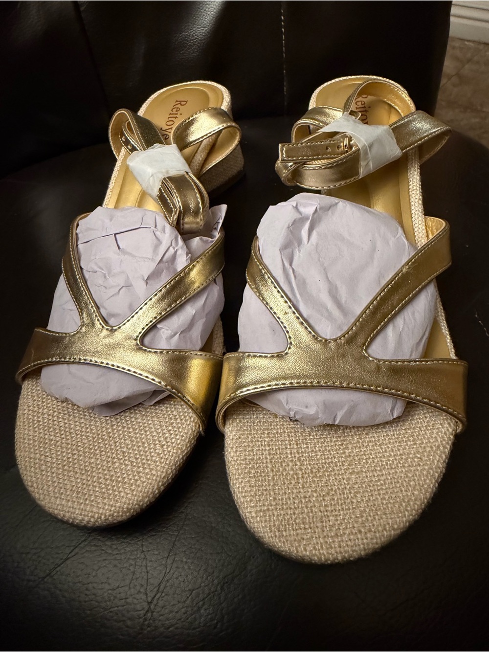 Gold Metallic Strappy Wedge Sandals - Women's